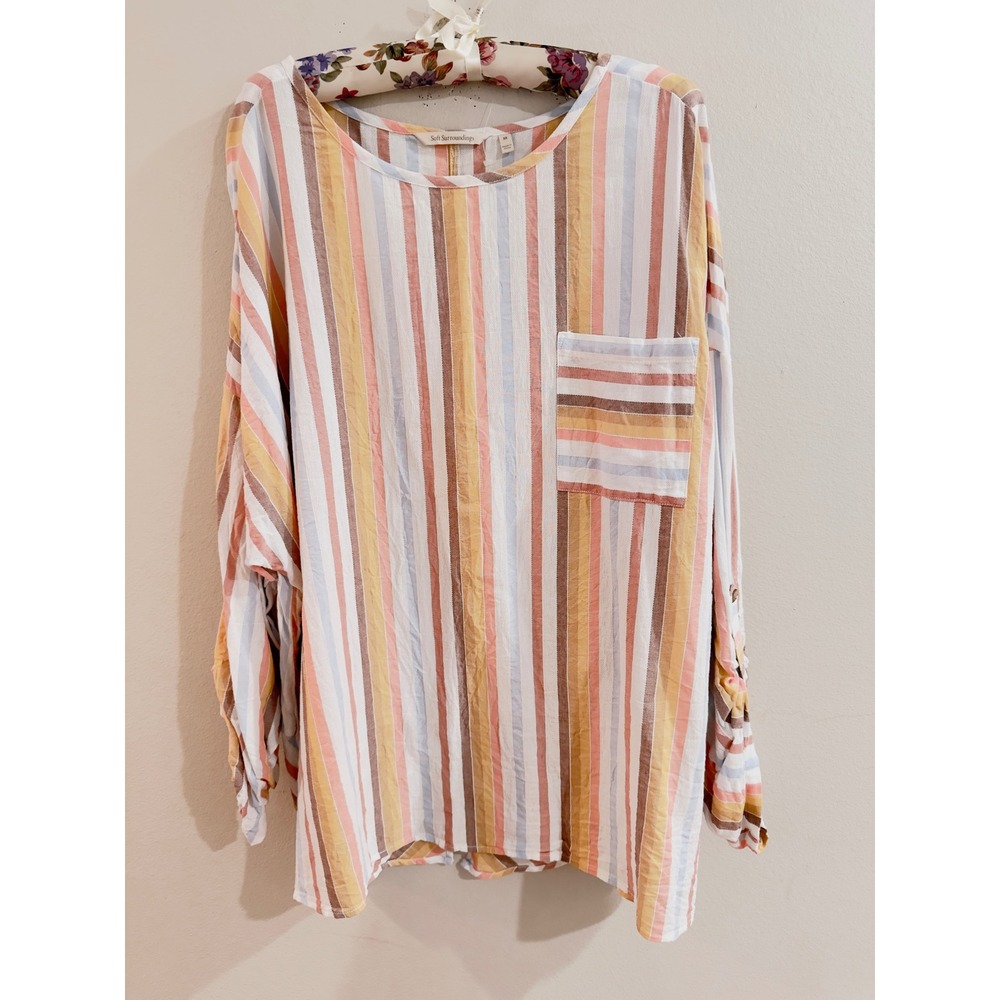 Soft Surroundings Multi Stripe Cotton Tencel Tunic Top 3X Roll Tab Sleeve‎
